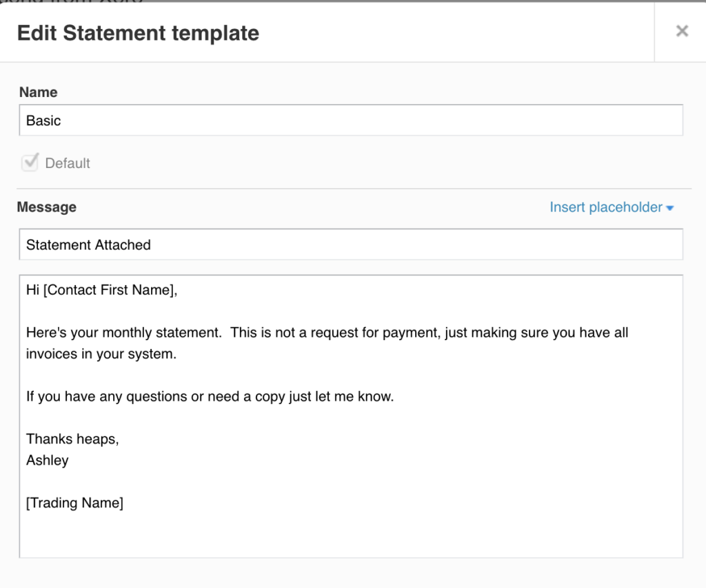 Xero email template for monthly statements.